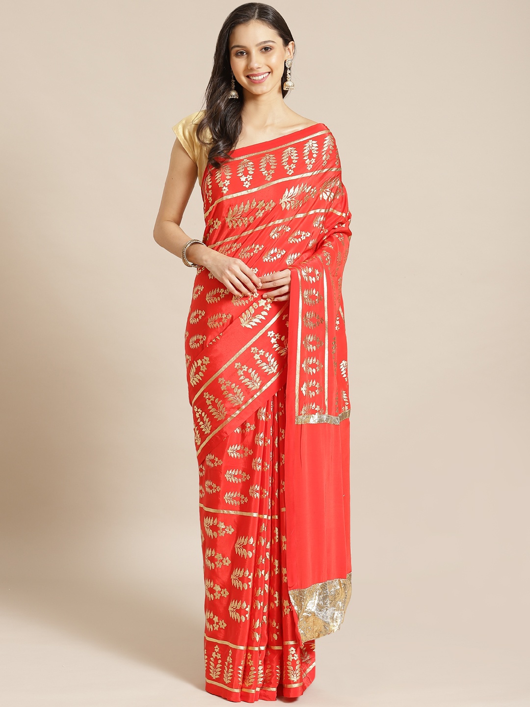 

Masaba Red & Golden Pure Crepe Foil Printed Designer Saree