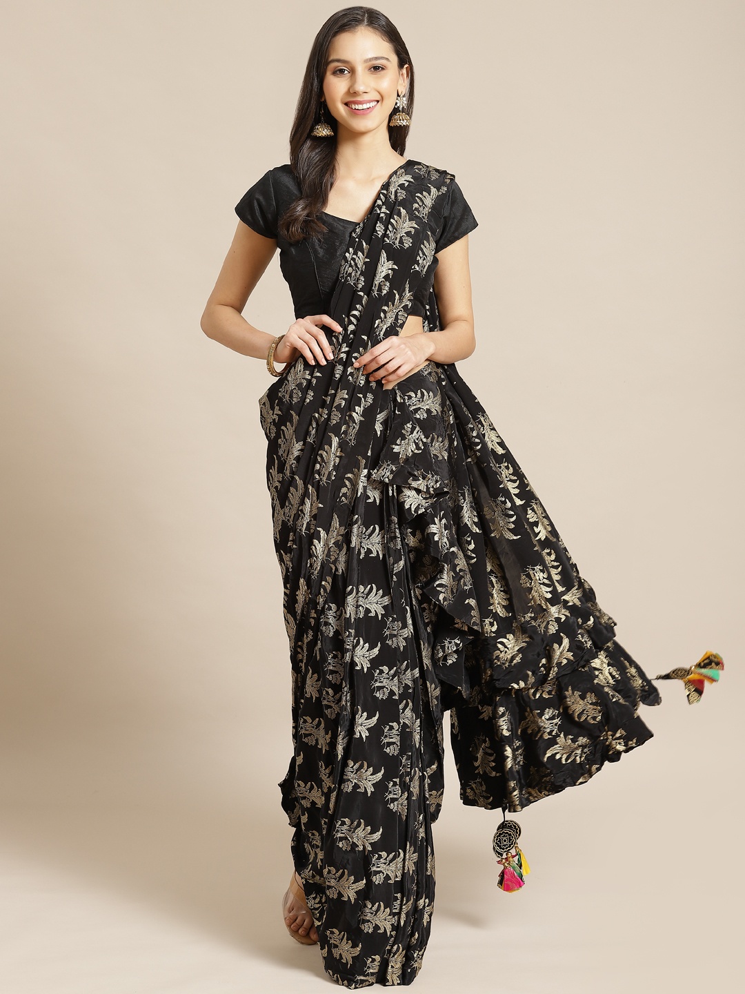 

Masaba Black & Golden Pure Crepe Foil Printed Ruffled Designer Saree