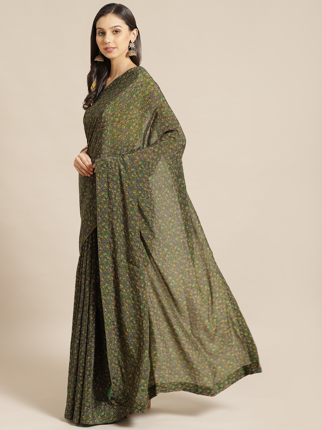 

Masaba Olive Green & Purple Pure Crepe Printed Designer Saree