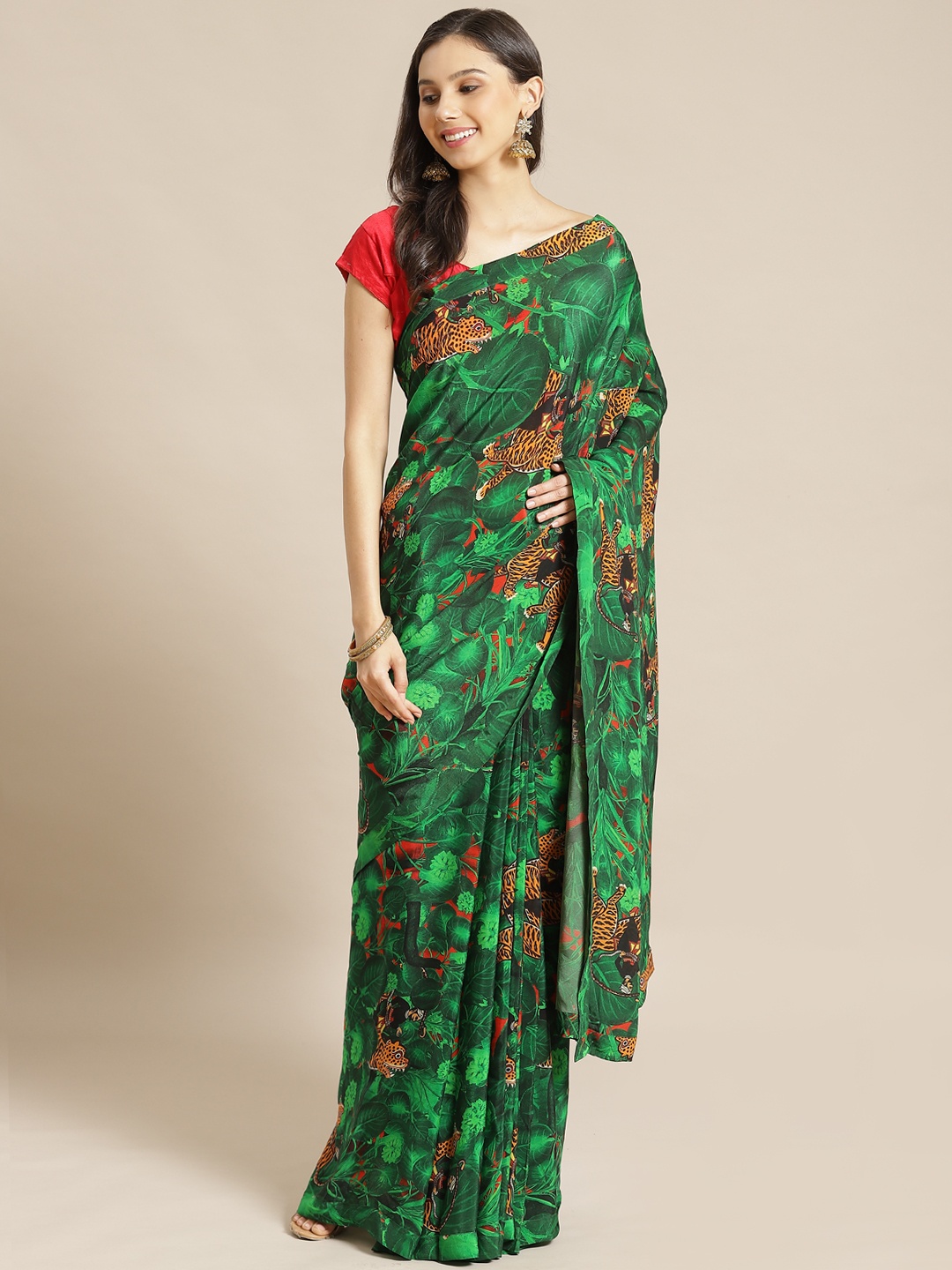 

Masaba Green & Mustard Yellow Pure Crepe Jungle Printed Designer Saree