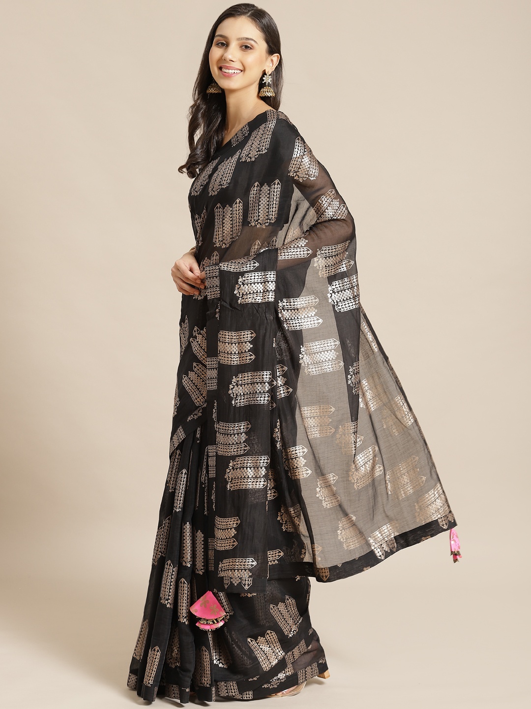 

Masaba Black & Golden Pure Cotton Printed Chanderi Designer Saree