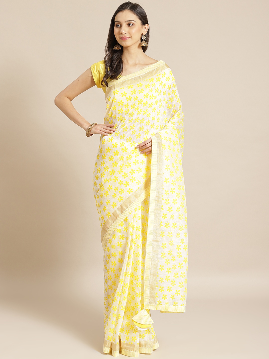 

Masaba White & Yellow Pure Linen Printed Chanderi Designer Saree