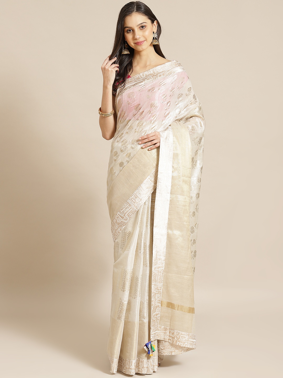 

Masaba White & Golden Foil Printed Chanderi Designer Saree