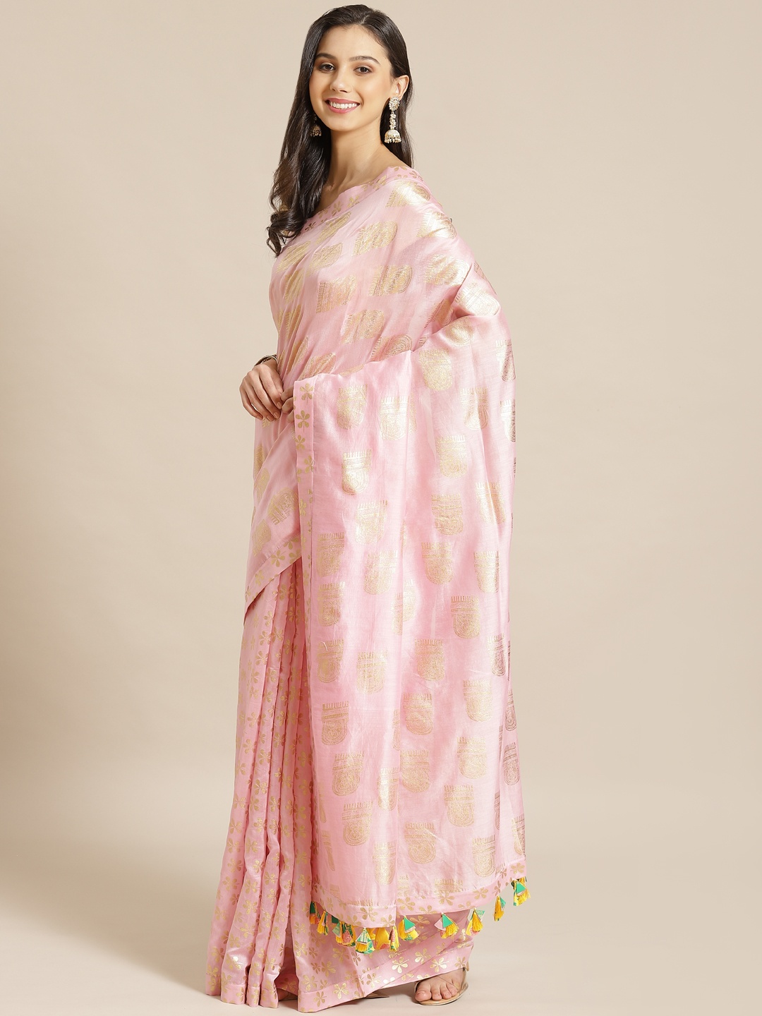 

Masaba Pink & Golden Pure Cotton Foil Printed Chanderi Designer Saree