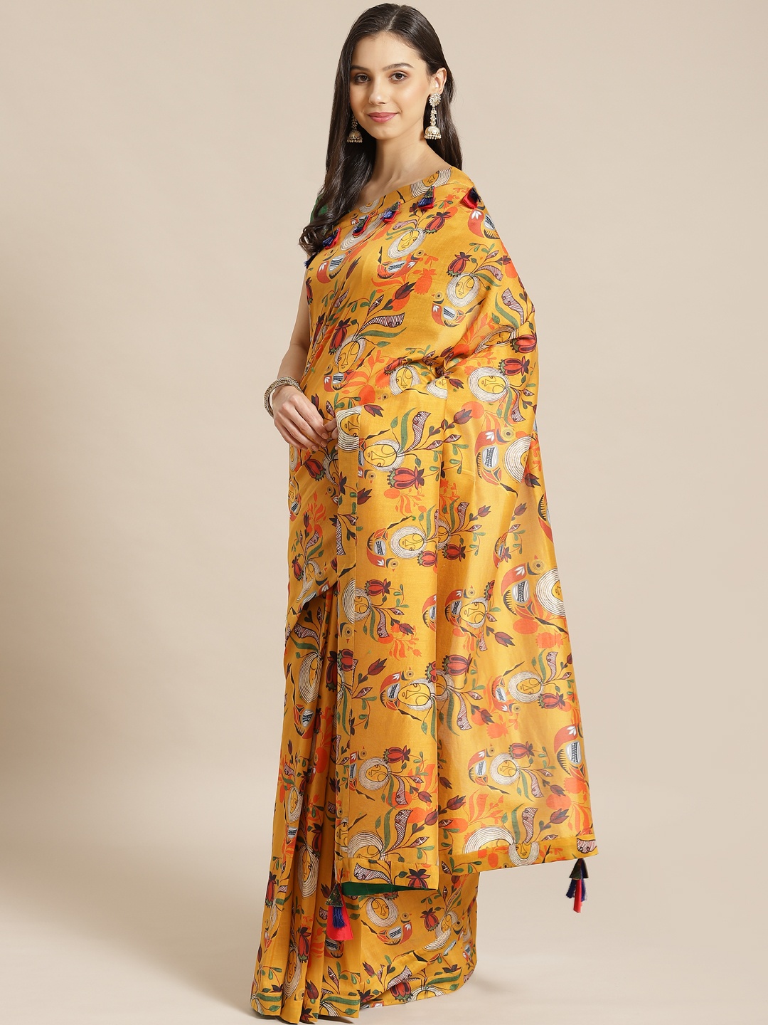 

Masaba Mustard Yellow & Red Pure Cotton Printed Chanderi Designer Saree