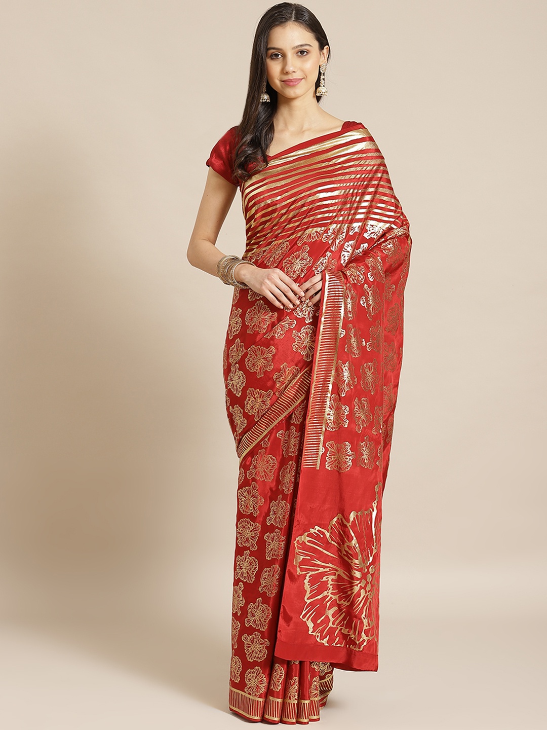 

Masaba Red & Golden Pure Crepe Foil Printed Designer Saree