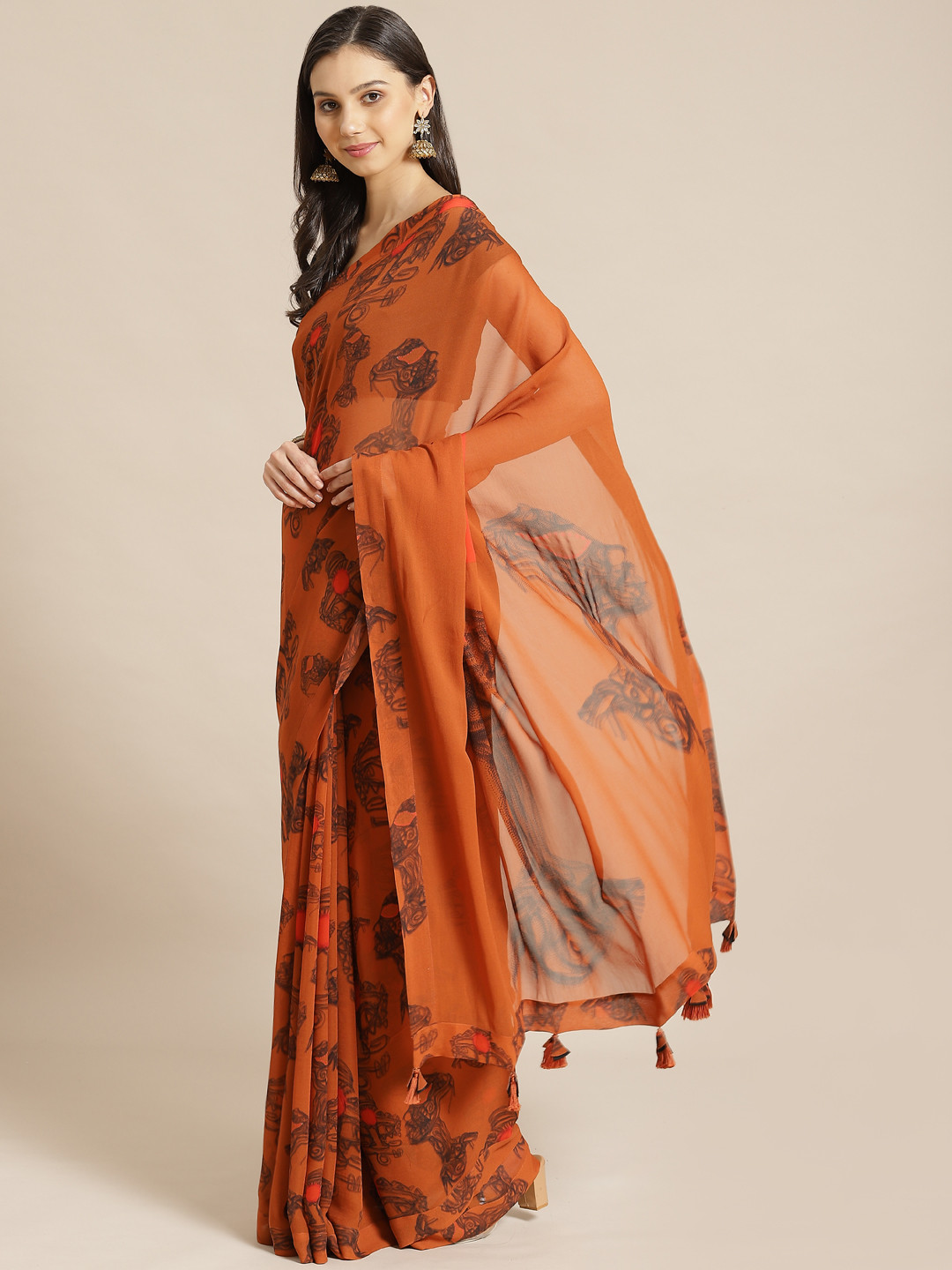 

Masaba Rust Orange & Black Pure Georgette Printed Designer Saree