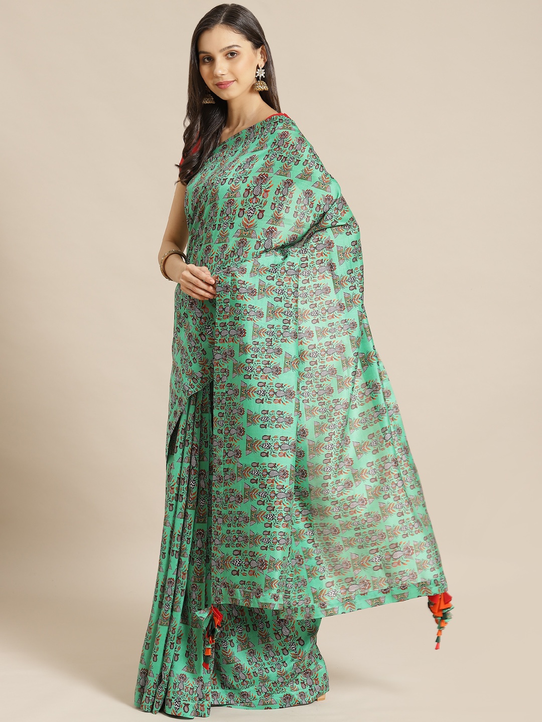 

Masaba Green & Orange Pure Cotton Printed Chanderi Designer Saree