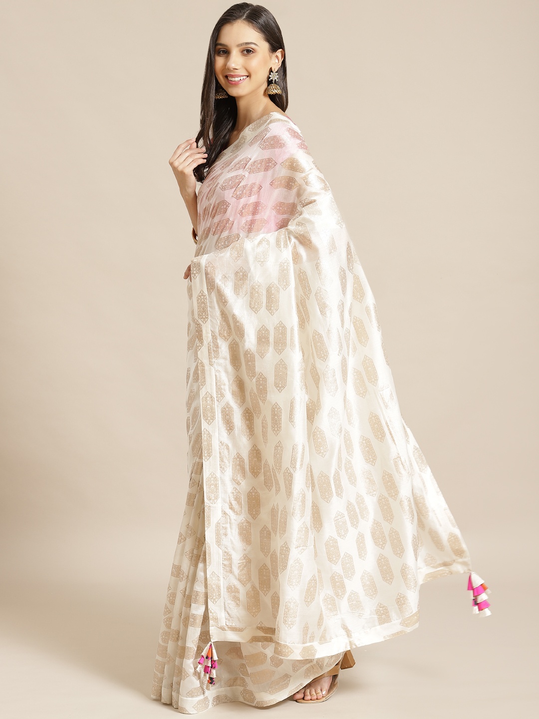 Masaba White & Golden Pure Cotton Foil Printed Designer Saree