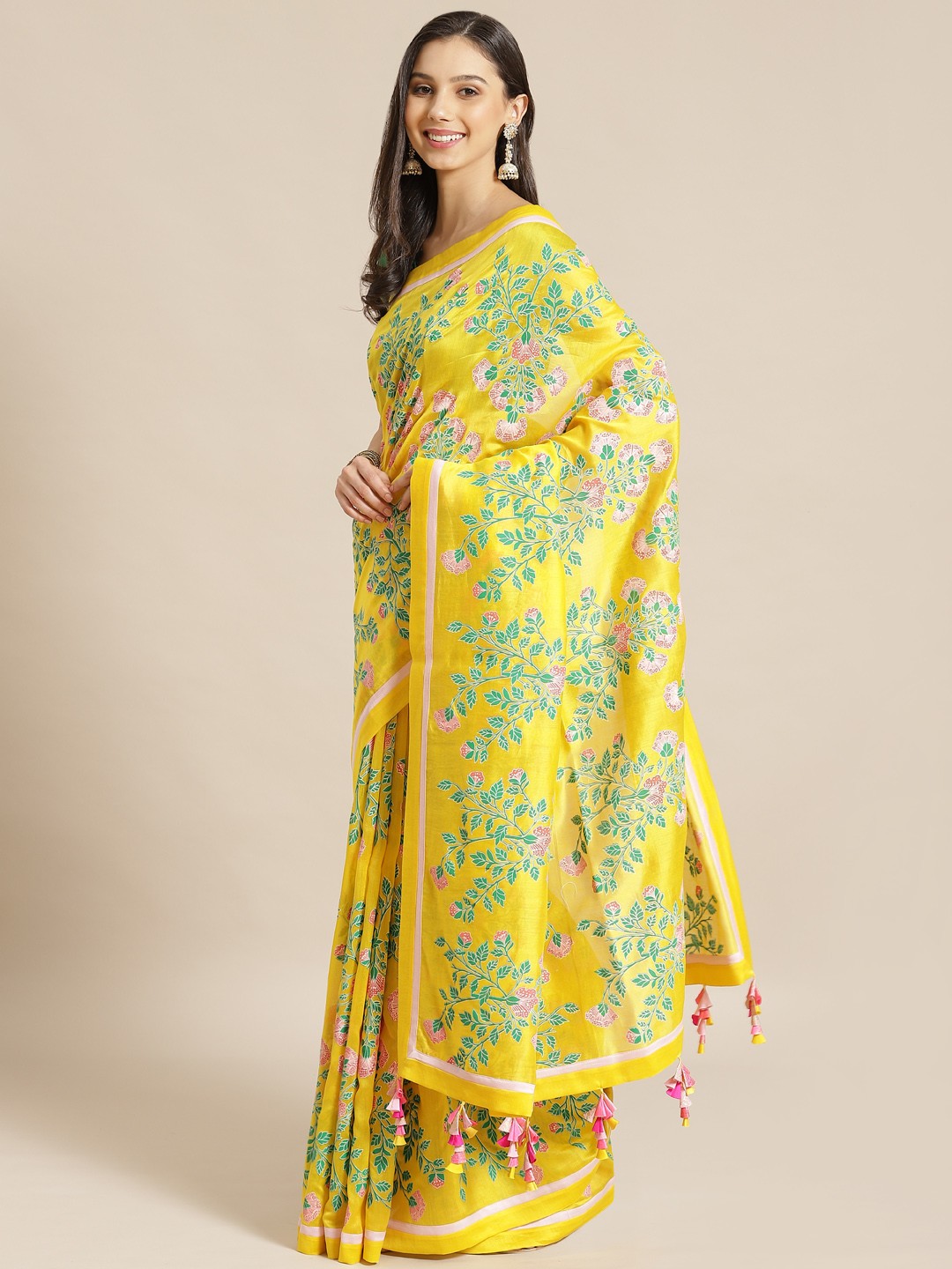 

Masaba Yellow & Green Pure Cotton Printed Chanderi Designer Saree