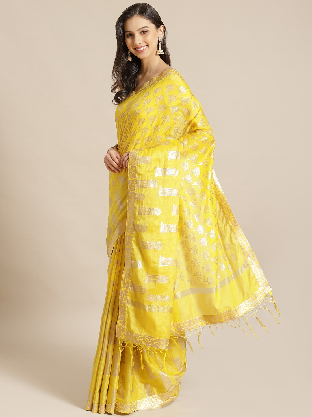 

Masaba Yellow & Golden Printed Banarasi Designer Saree