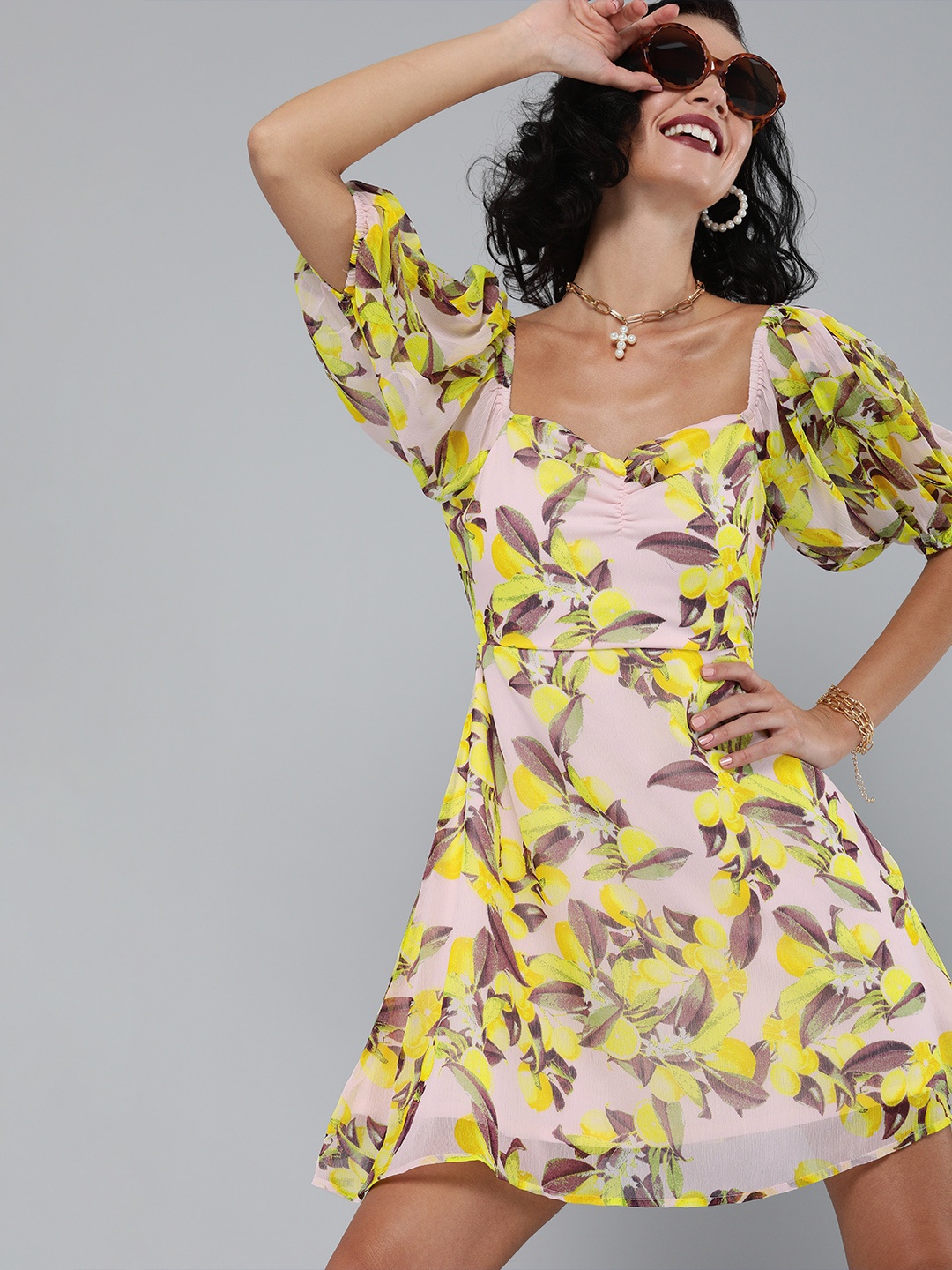 

MAGRE Women White & Yellow Floral Printed A-Line Dress