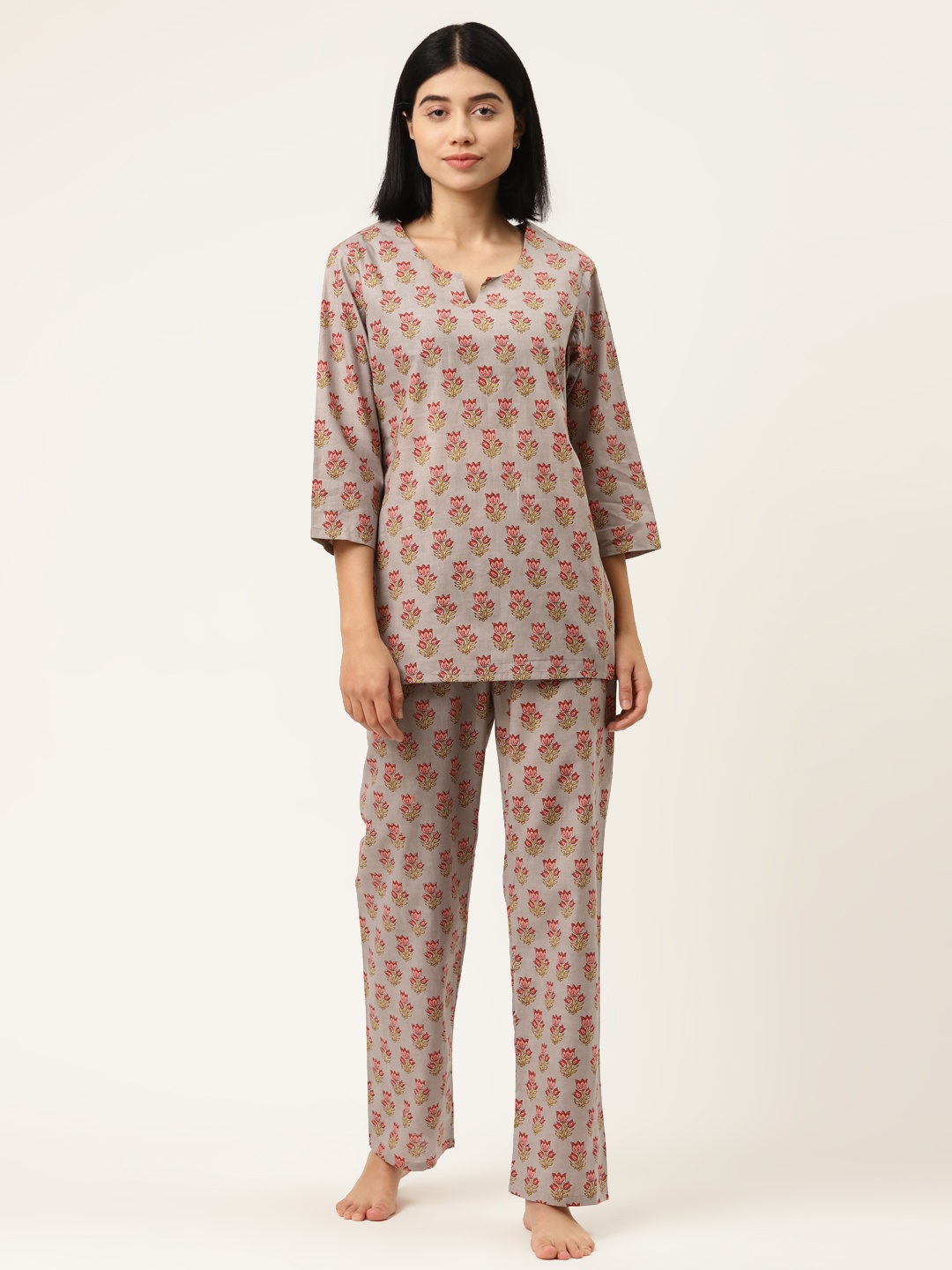 

MABISH by Sonal Jain Women Taupe & Pink Ethnic Motifs Print Cotton Night suit
