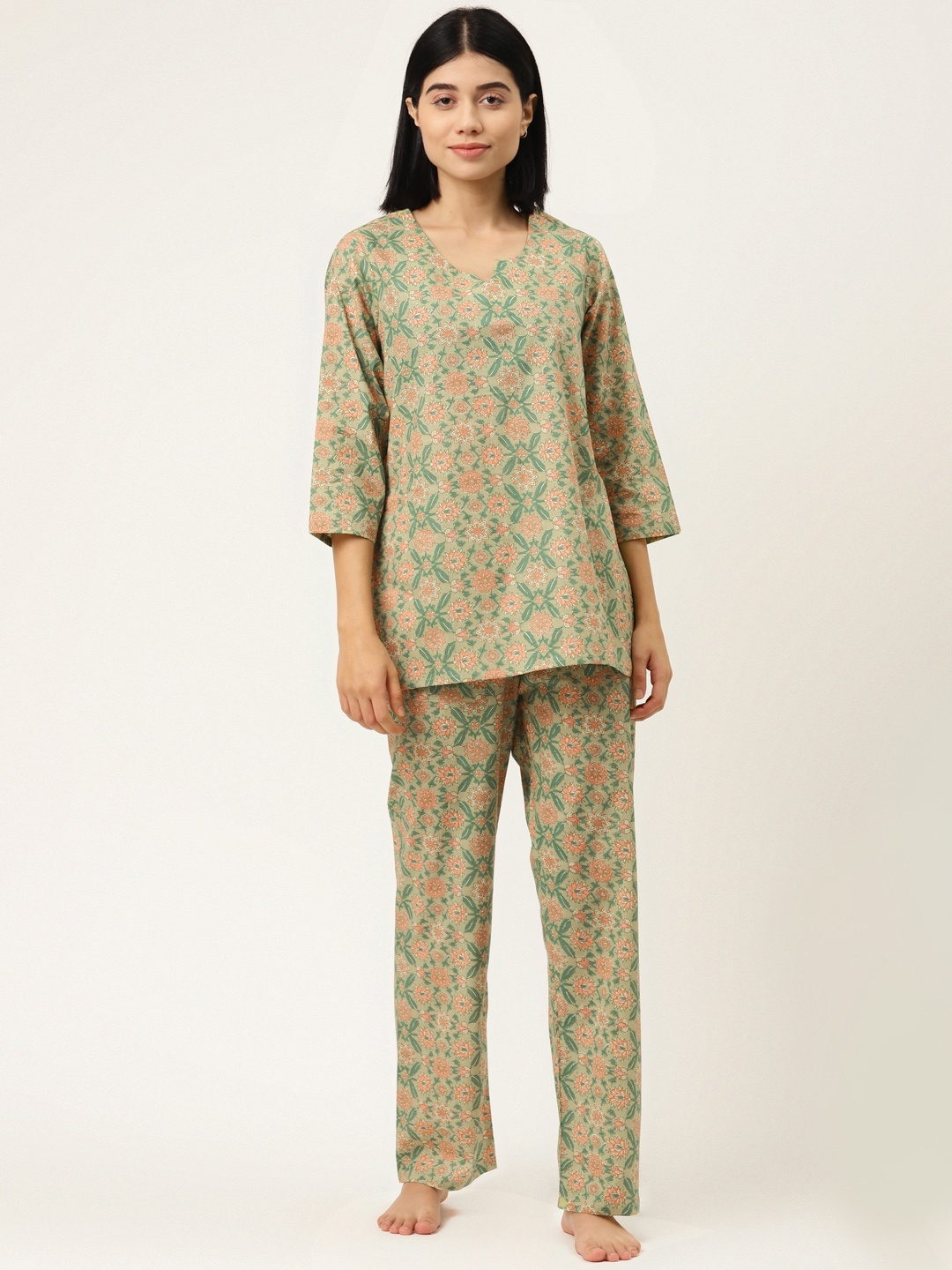 

MABISH by Sonal Jain Women Green & Pink Ethnic Motifs Print Pure Cotton Night suit