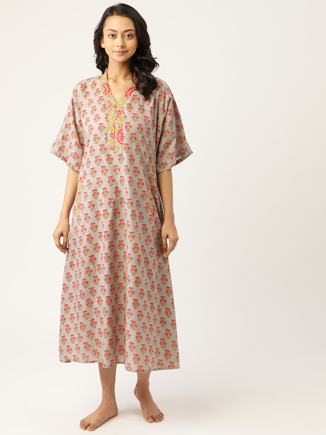 

MABISH by Sonal Jain Taupe & Pink Ethnic Motifs Print Pure Cotton Midi Nightdress