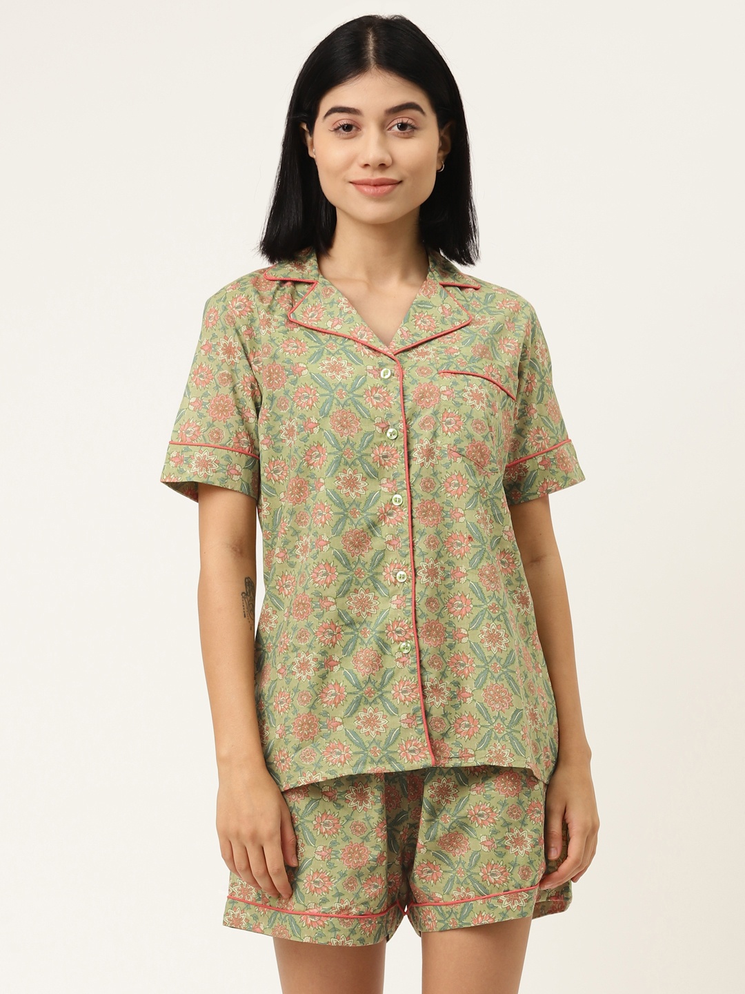 

MABISH by Sonal Jain Women Green & Pink Floral Print Pure Cotton Night suit