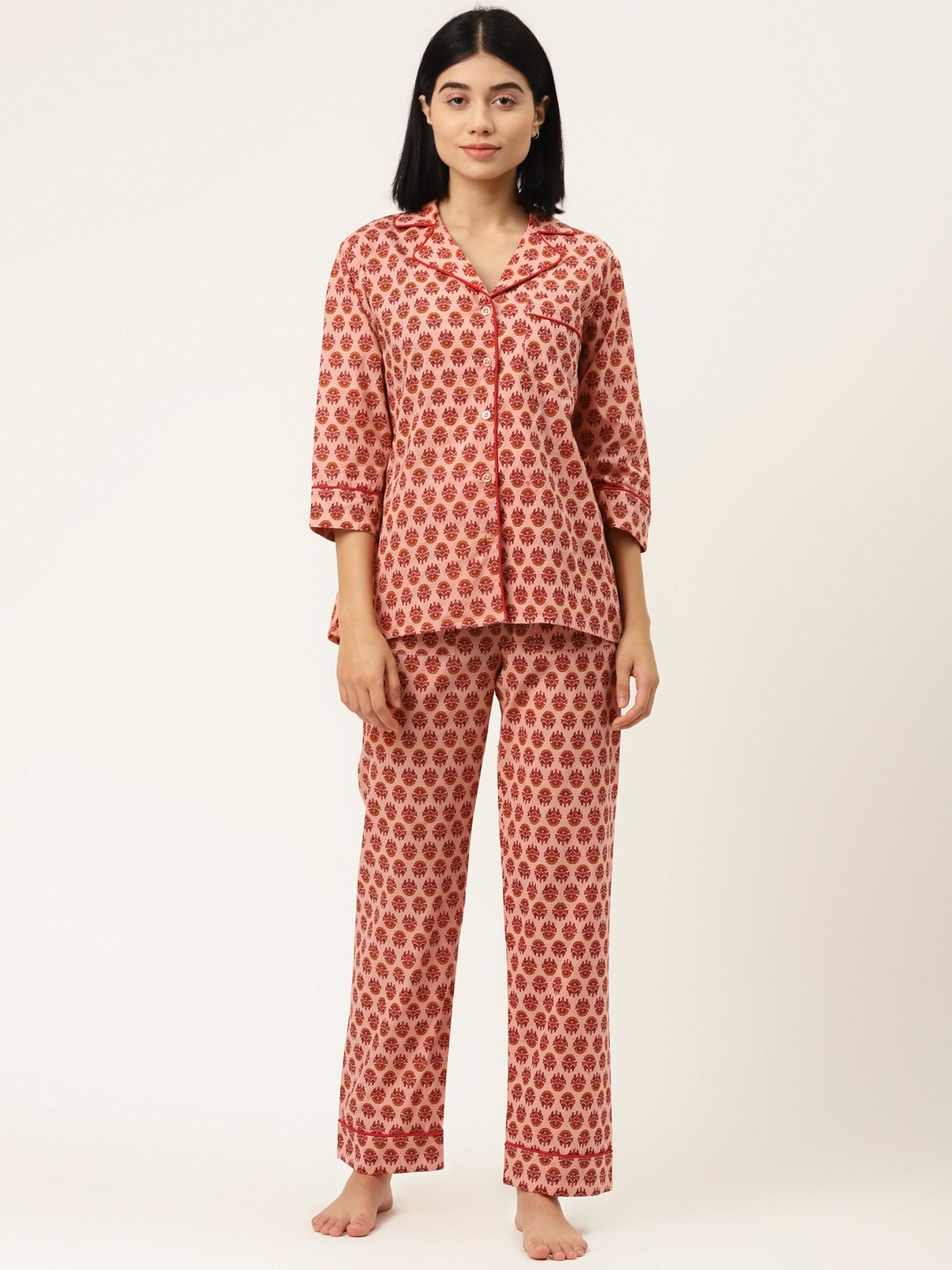 

MABISH by Sonal Jain Women Peach-Coloured & Red Ethnic Motifs Print Pure Cotton Night suit