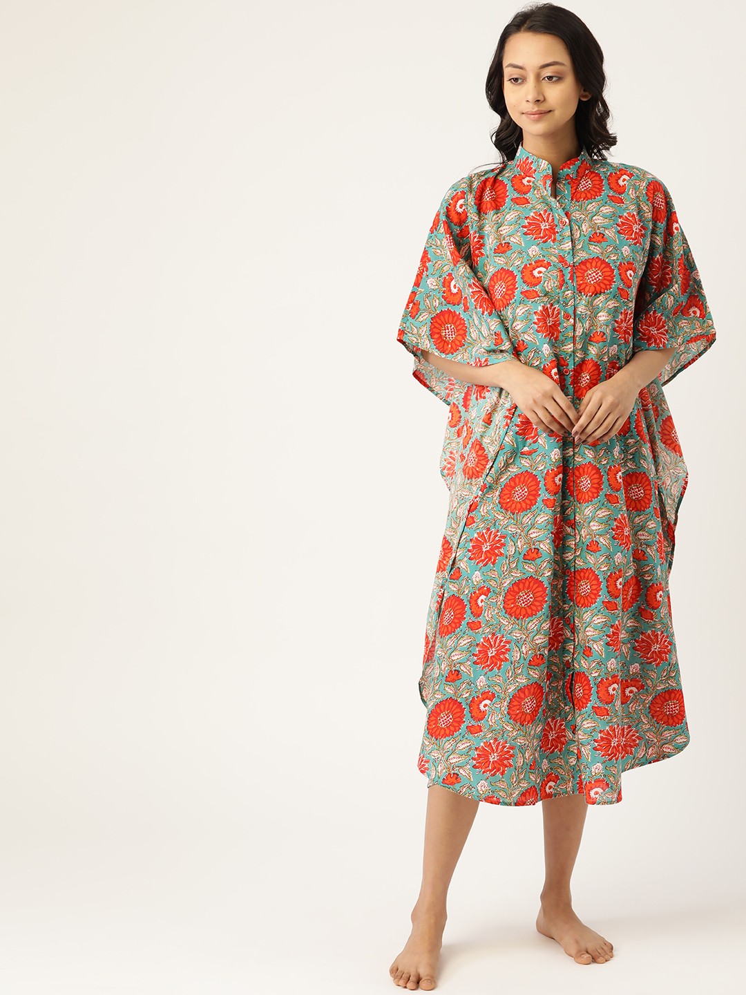 

MABISH by Sonal Jain Blue & Red Floral Print Midi Pure Cotton Kaftan Nightdress