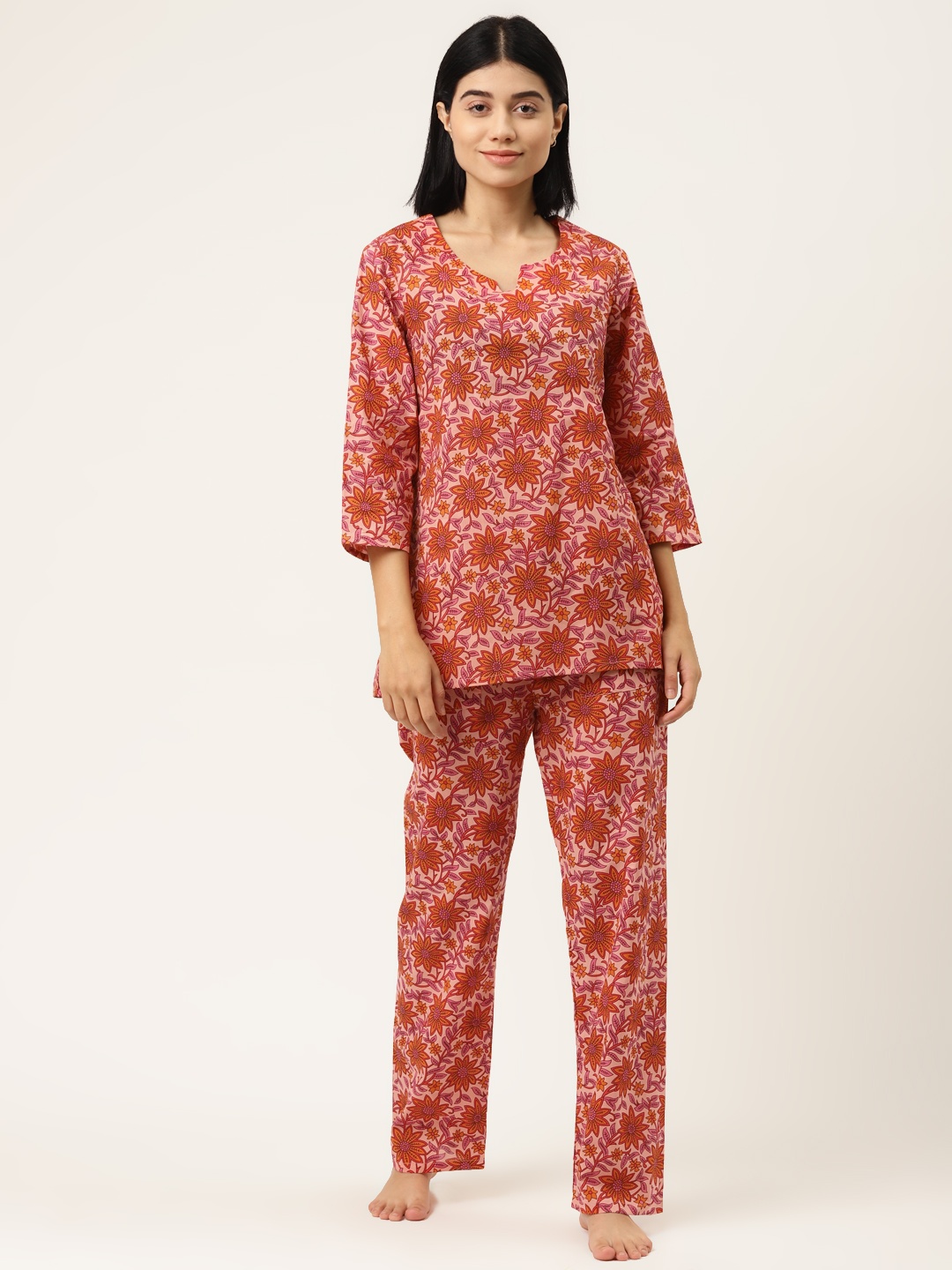 

MABISH by Sonal Jain Women Pink & Orange Floral Print Pure Cotton Night suit