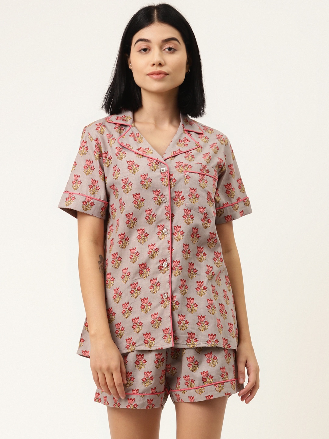 

MABISH by Sonal Jain Women Taupe & Pink Pure Cotton Printed Nightsuit