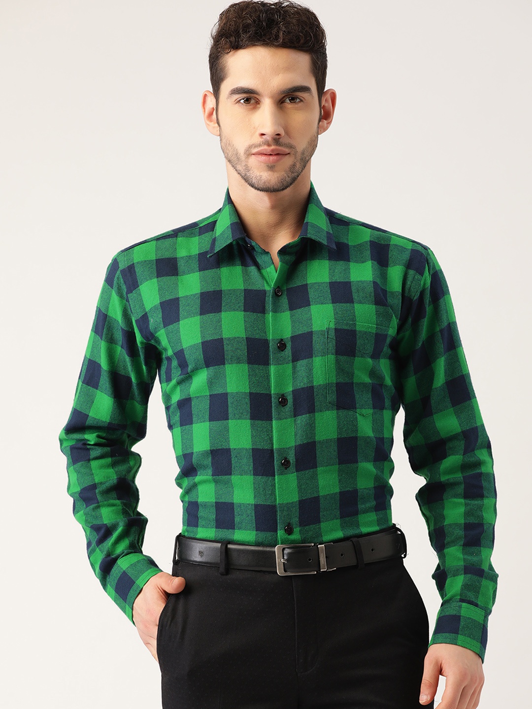 

Hancock Men Green & Navy Blue Cotton Slim Fit Checked Formal Shirt