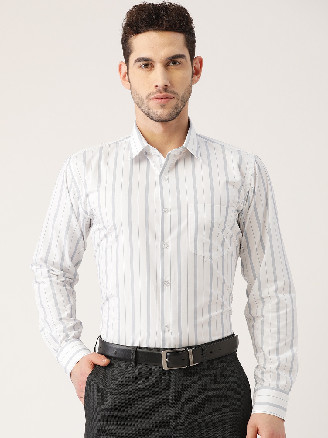 

Hancock Men White & Blue Cotton Slim Fit Striped Formal Shirt