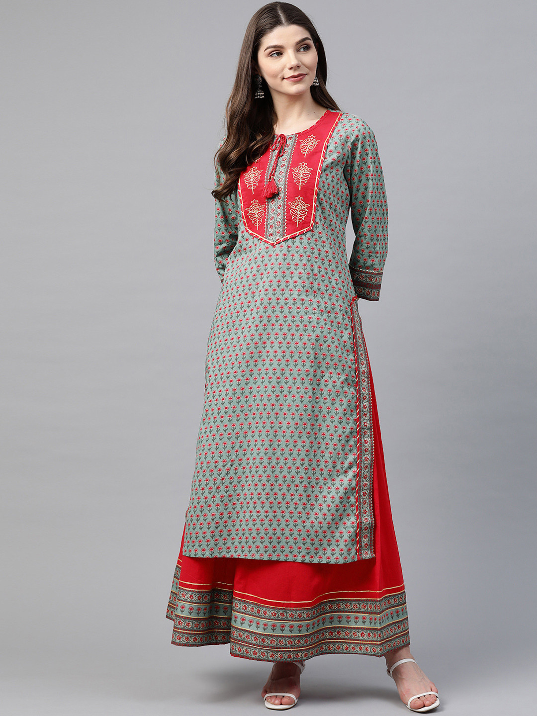 

Divena Women Sea Green & Red Ethnic Motifs Print Pure Cotton Kurta with Palazzos