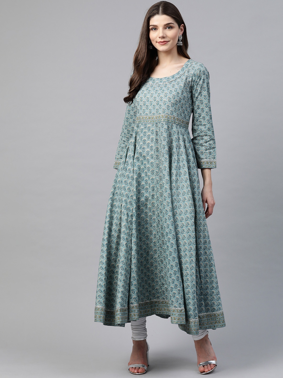 

Divena Women Blue Cotton Sequins Ethnic Motifs Printed Anarkali Kurta