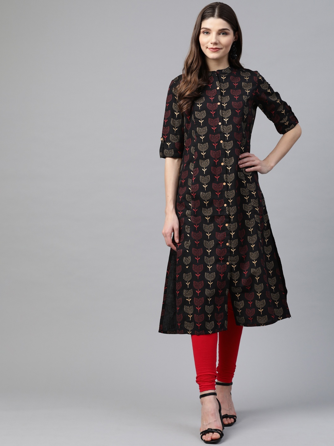 

Divena Women Black & Red Cotton Ethnic Motifs Printed A-Line Kurta