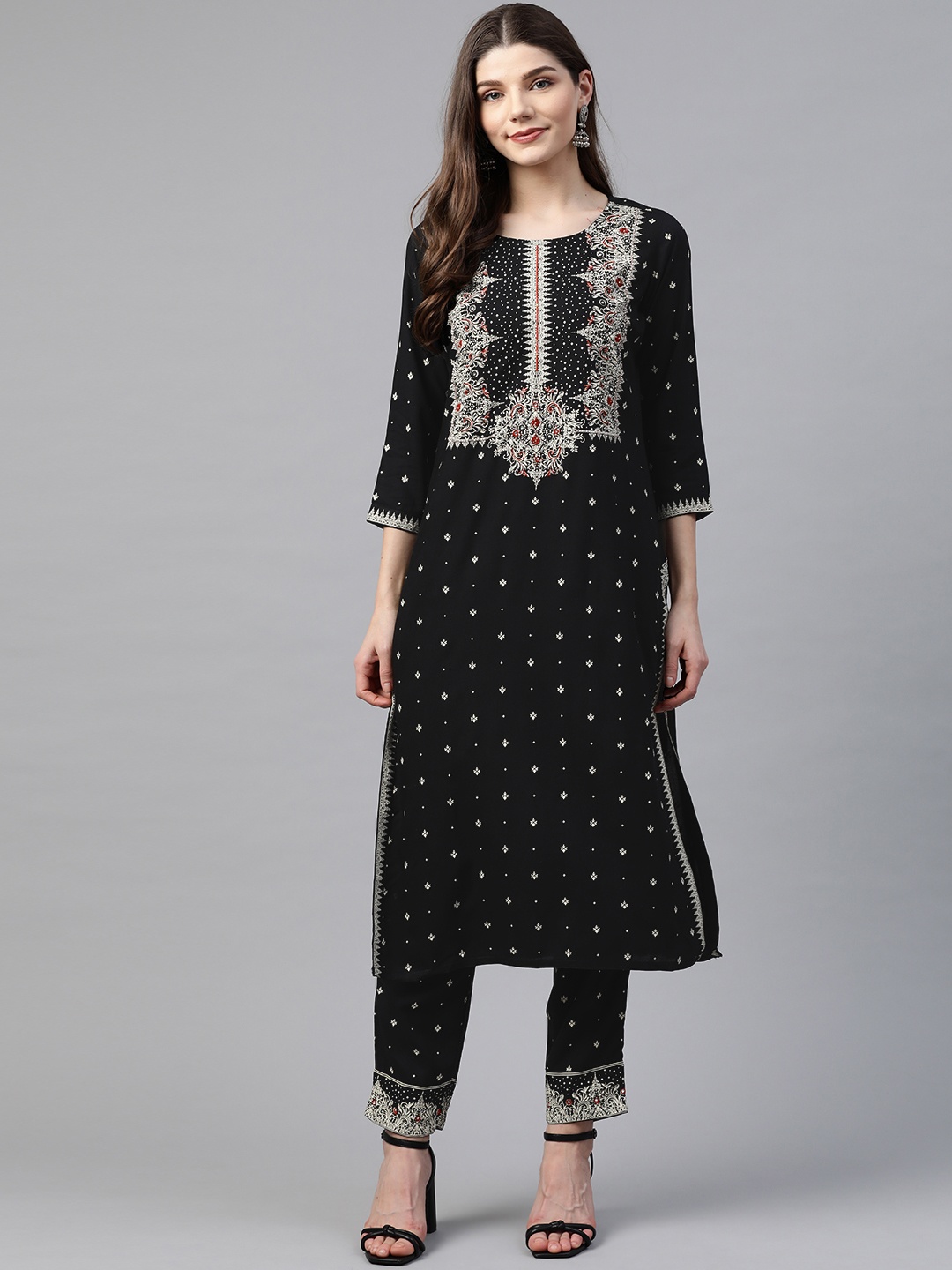 

Divena Women Black & Off-White Ethnic Motifs Print Kurta with Palazzos