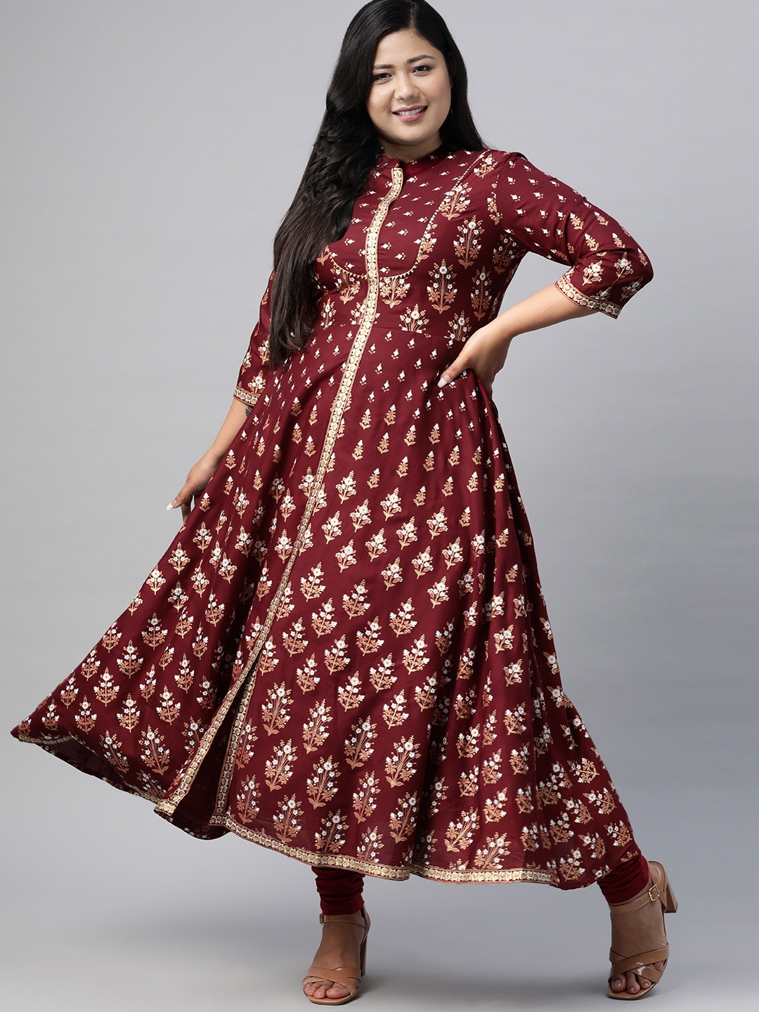 YASH GALLERY Women Plus Size Burgundy Golden Printed Anarkali Kurta