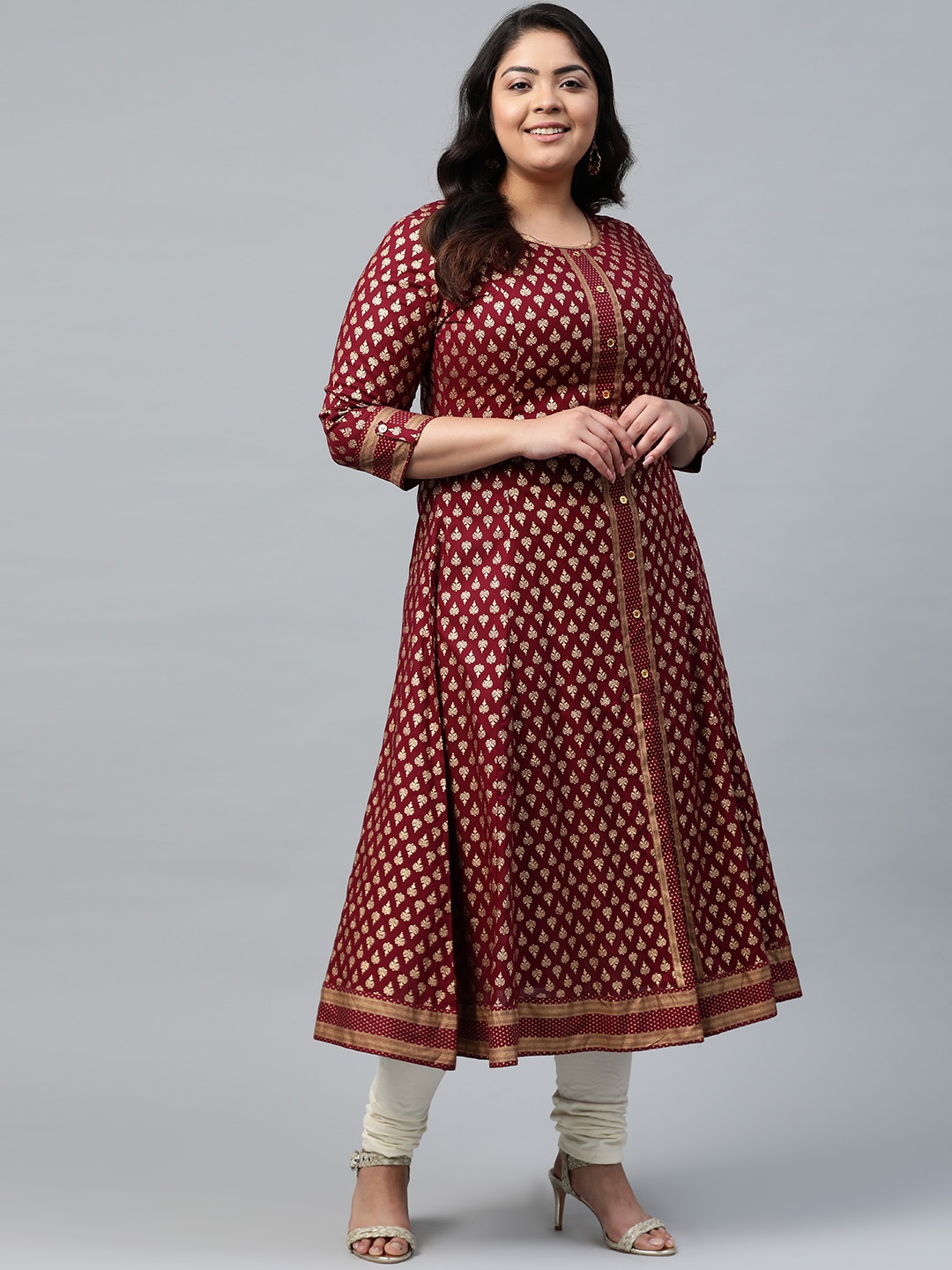 

Yash Gallery Women Plus Size Maroon & Golden Ethnic Motifs Printed A-Line Kurta
