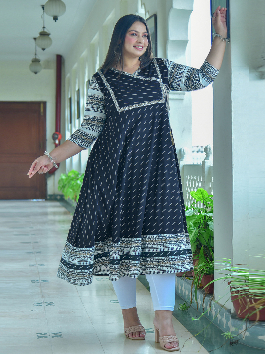 

YASH GALLERY Women Plus Size Black & White Geometric Printed Angrakha Anarkali Kurta