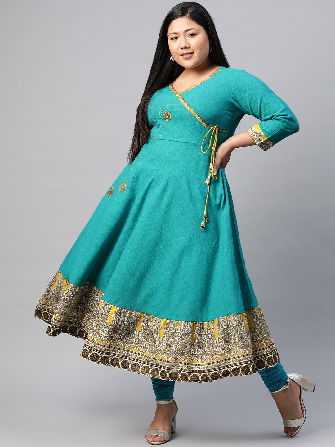 

YASH GALLERY Women Plus Size Blue Ethnic Motifs Embroidered A-Line Angrakha Kurta