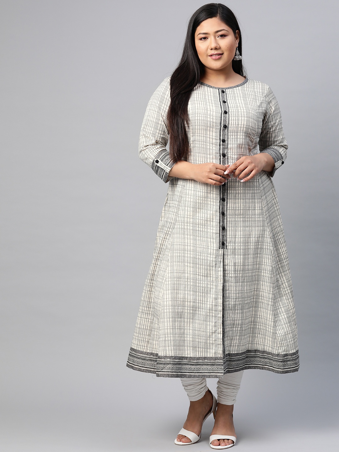 

YASH GALLERY Women Plus Size Off White & Grey Geometric Checked A-Line Kurta