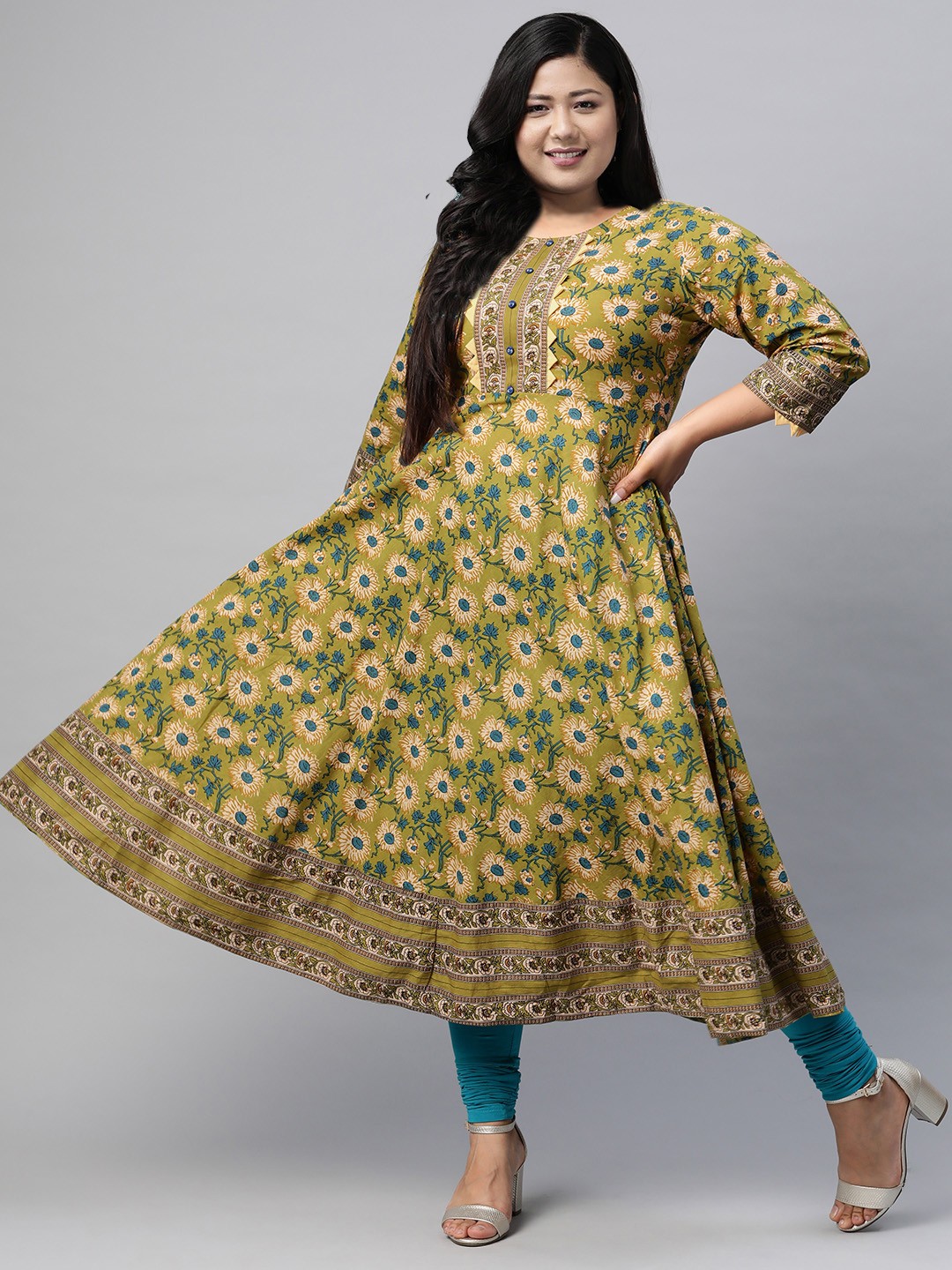 

YASH GALLERY Women Plus Size Olive Green Beige Printed Anarkali Kurta