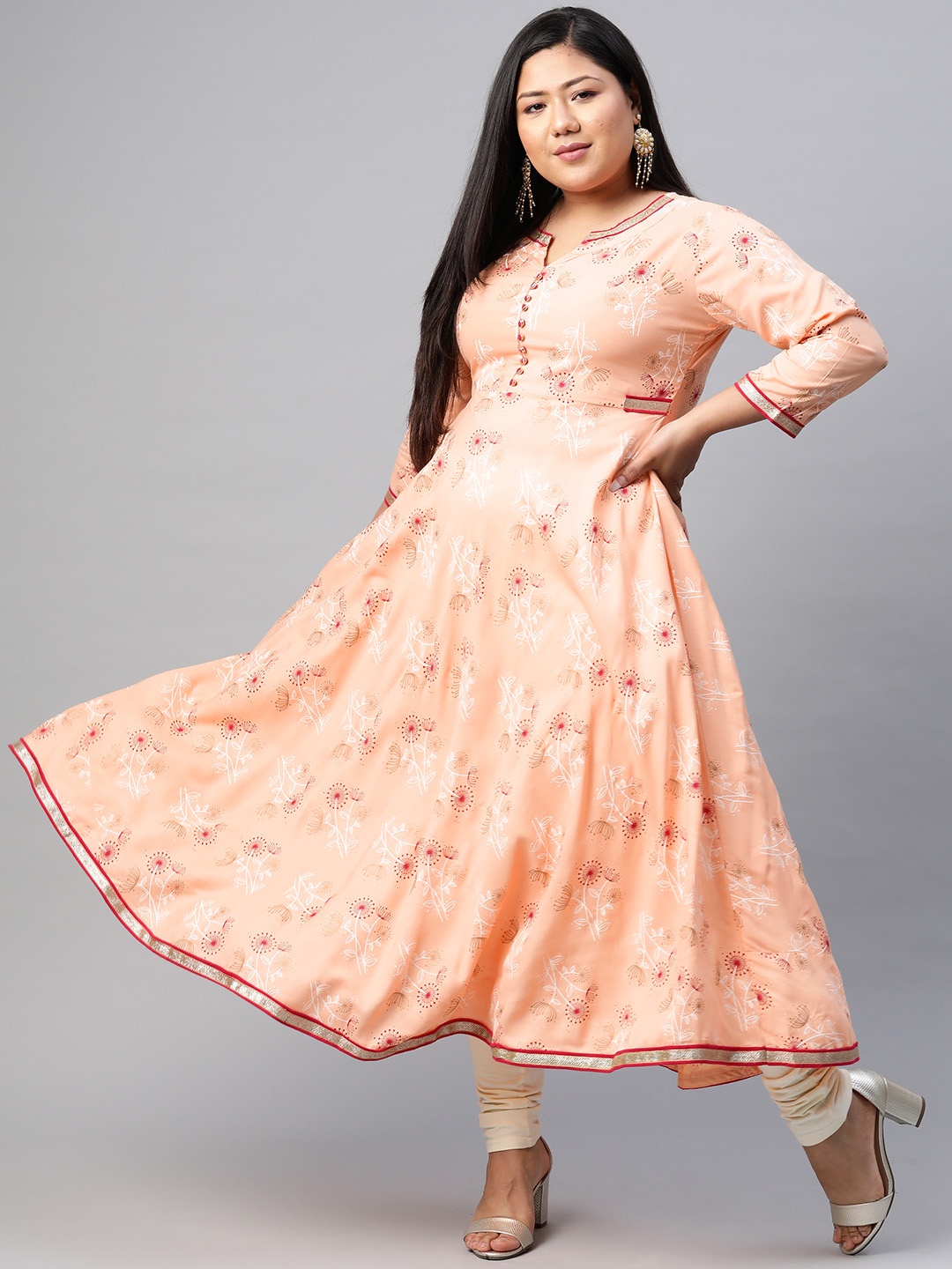 

YASH GALLERY Women Plus Size Peach-Coloured Ethnic Motifs Print Anarkali Kurta