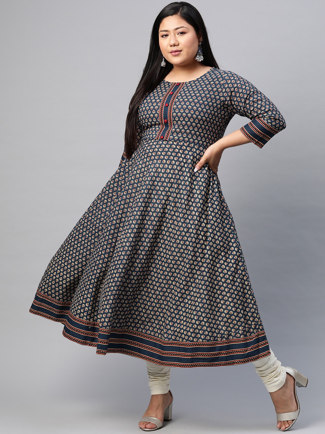 

YASH GALLERY Women Plus Size Navy & Beige Ethnic Motifs Print Anarkali Kurta, Navy blue