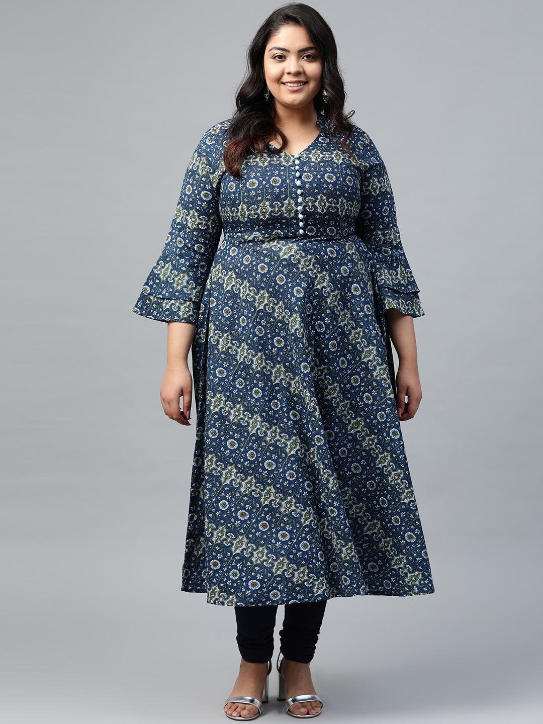 

Yash Gallery Women Plus Size Navy Blue & Green Ethnic Motifs Printed Anarkali Kurta