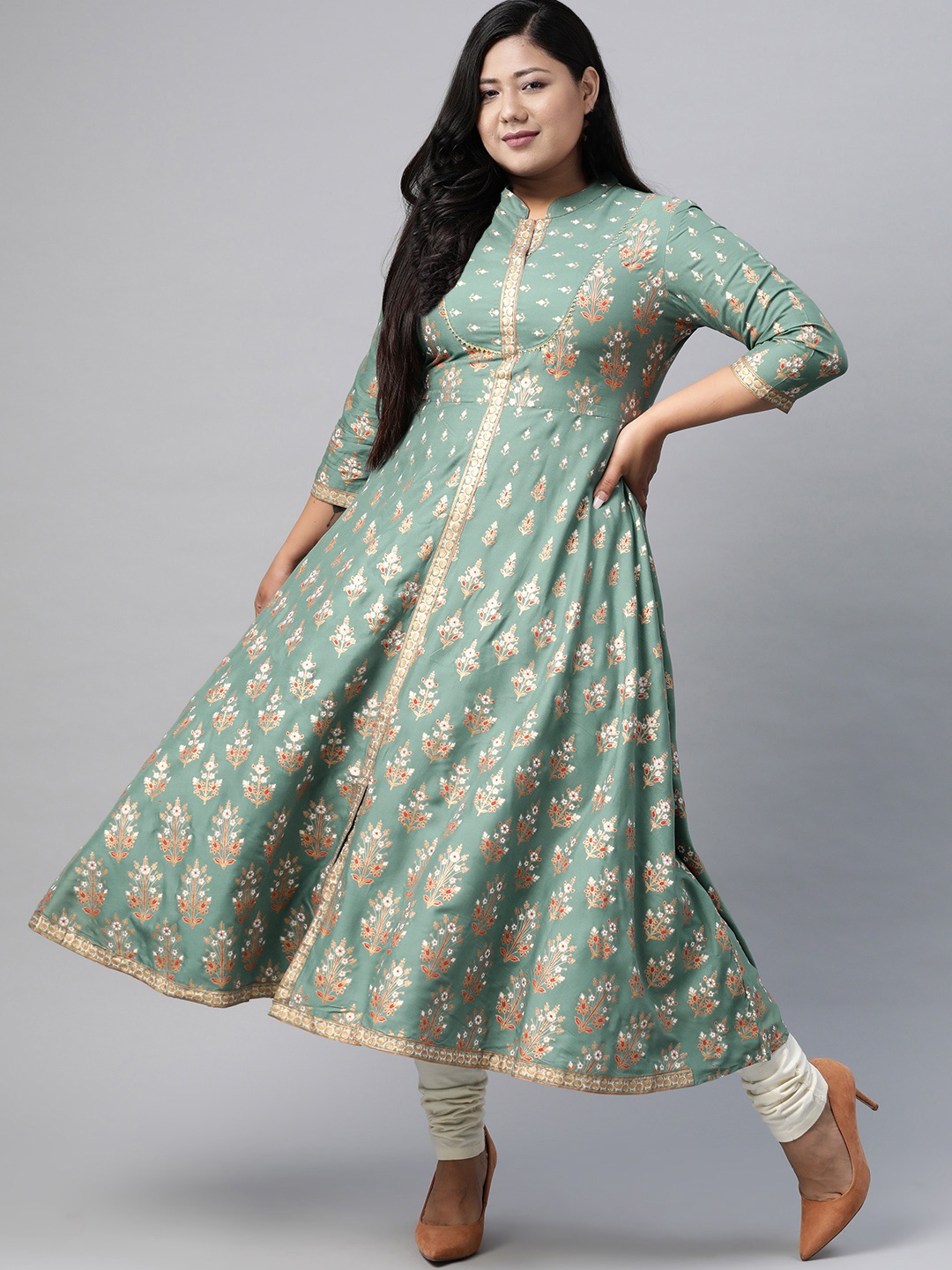 

YASH GALLERY Women Plus Size Green Golden Printed Anarkali Kurta