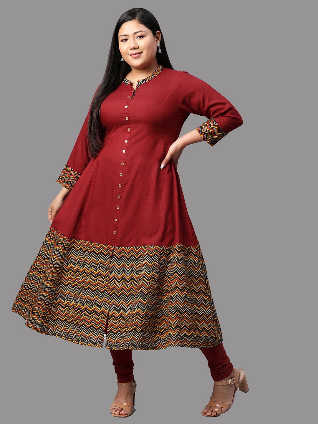 YASH GALLERY Women Plus Size Maroon Printed Hem A-Line Kurta