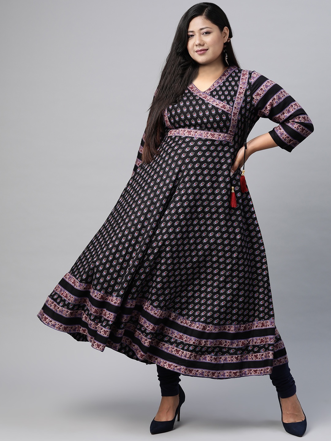 

YASH GALLERY Women Plus Size Black Blue Printed Angrakha Anarkali Kurta