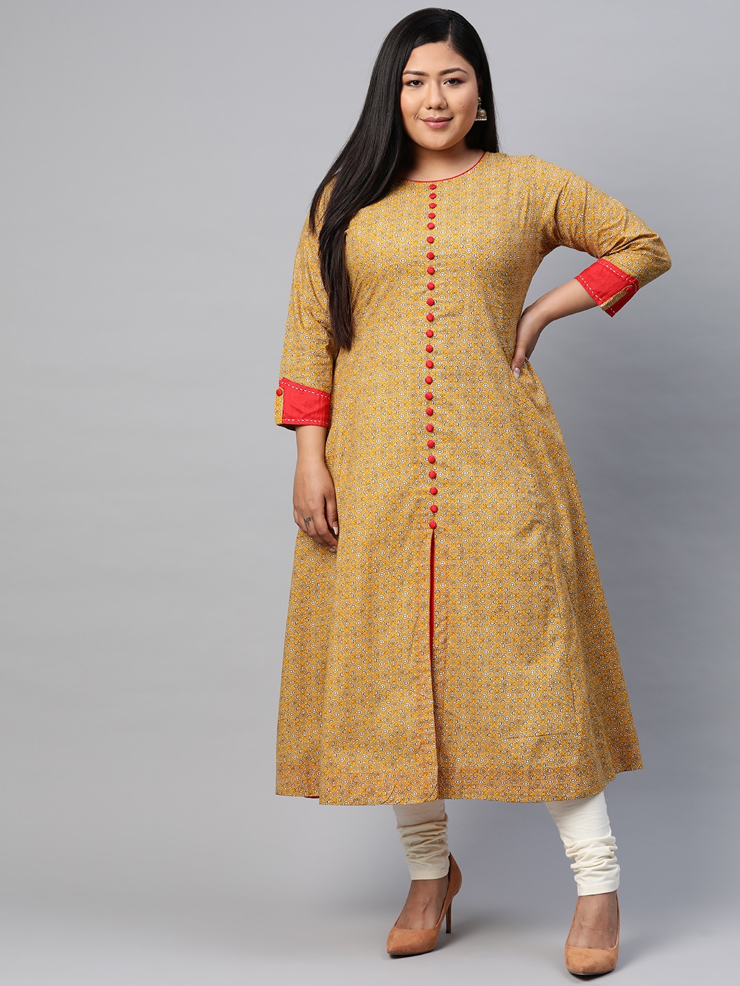 

YASH GALLERY Women Plus Size Mustard Yellow & Off-White Ethnic Motifs Printed Kurta