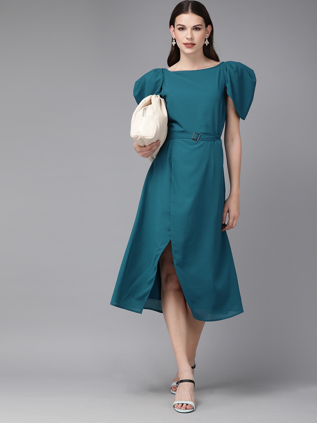 

MISH Women Teal Blue Solid Tulip Hem Power Shoulders A-Line Dress