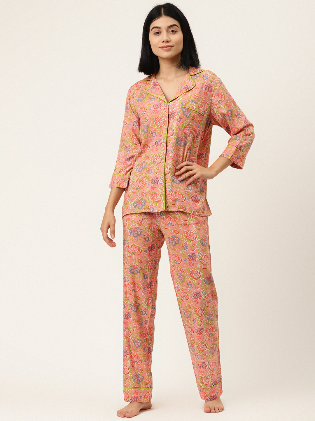 

MABISH by Sonal Jain Women Peach-Coloured & Green Printed Nightsuit