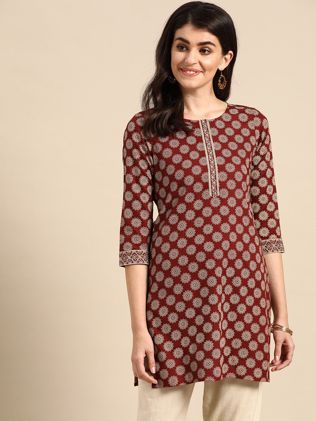 

Prakrti Women Maroon & Off-White Printed Sustainable Kurti