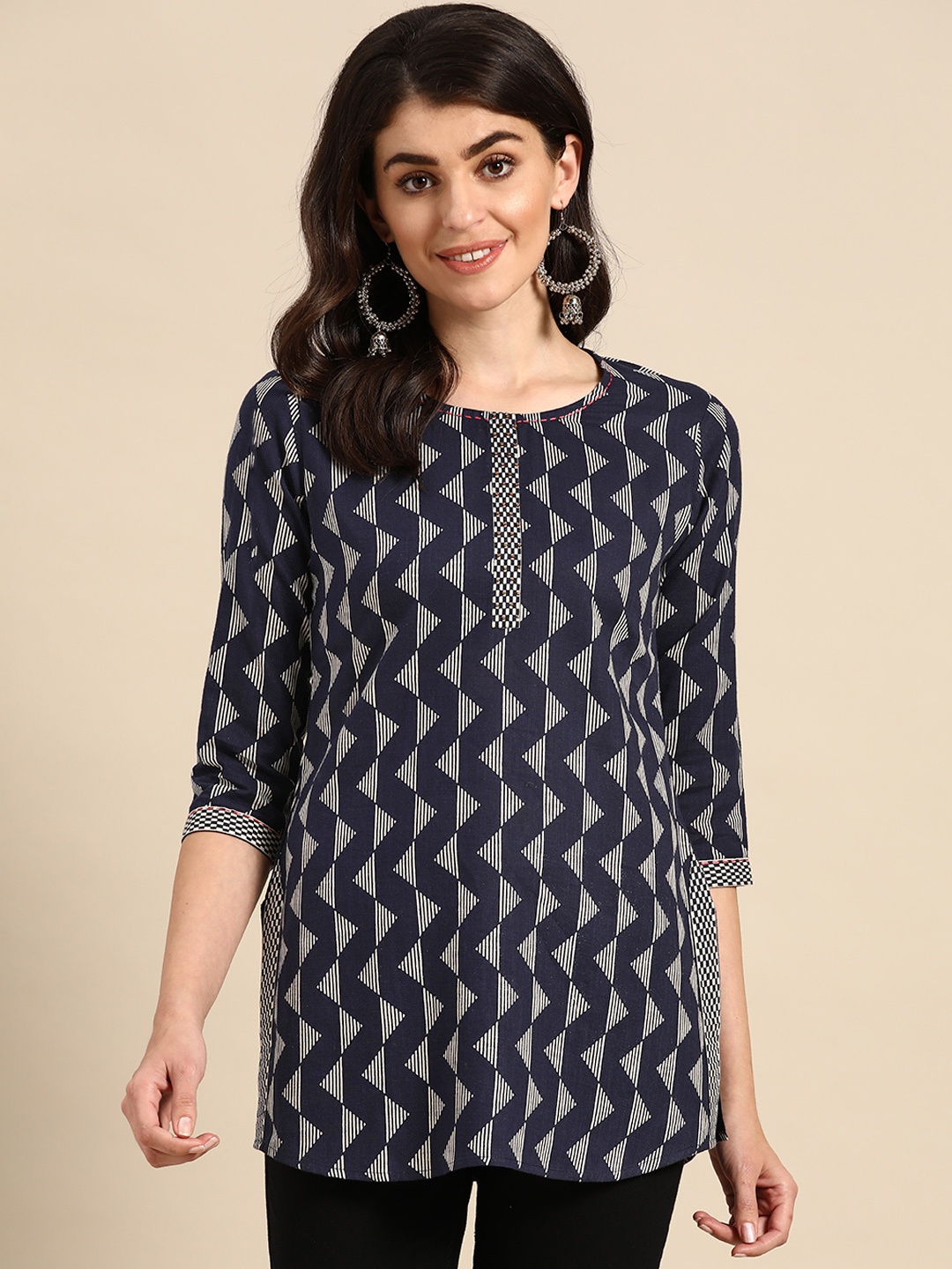 

Prakrti Women Navy Blue & Beige Geometric Print Pure Cotton Kurti
