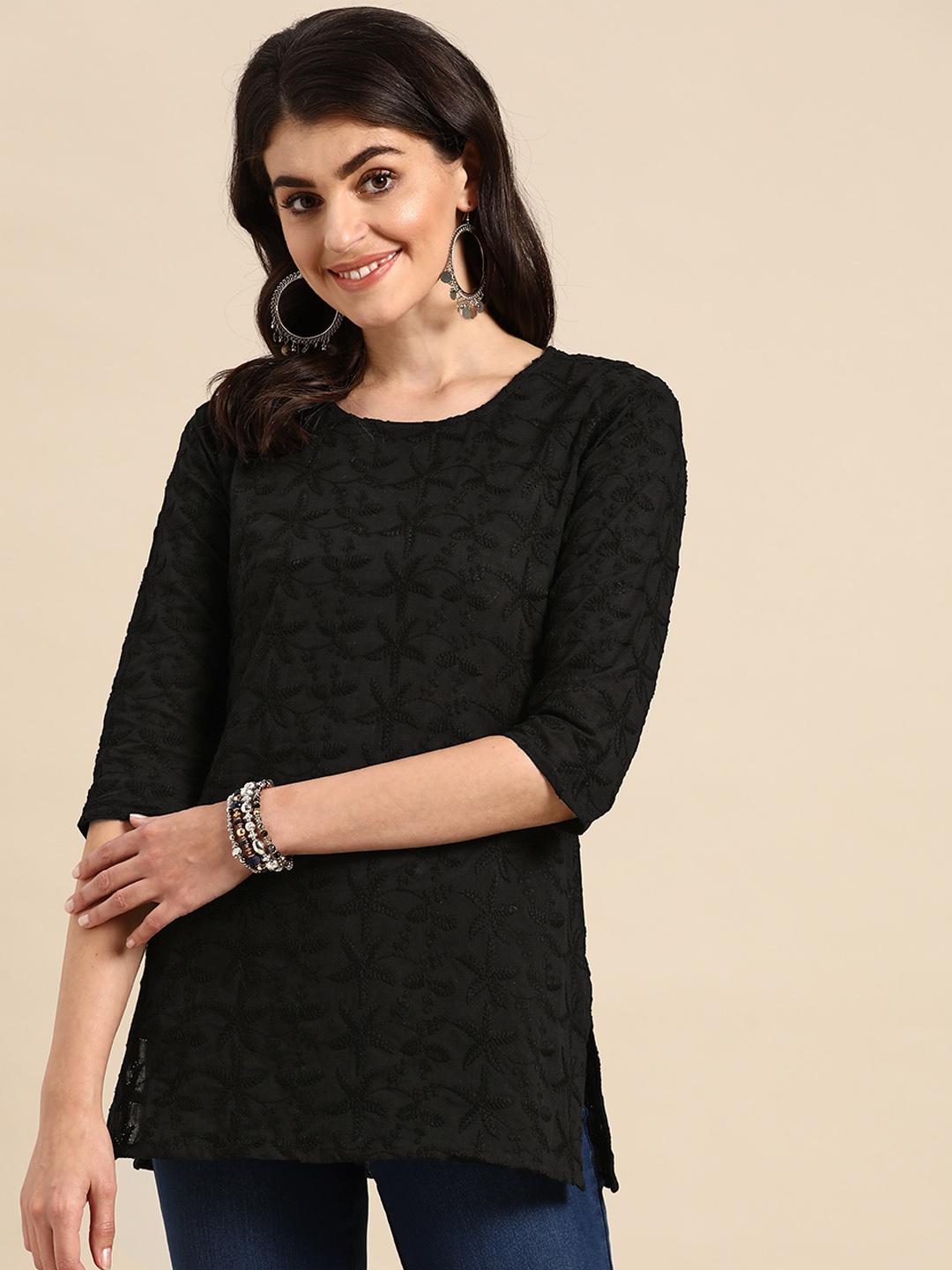 

Prakrti Women Black Pure Cotton Chikankari Embroidered Straight Kurti