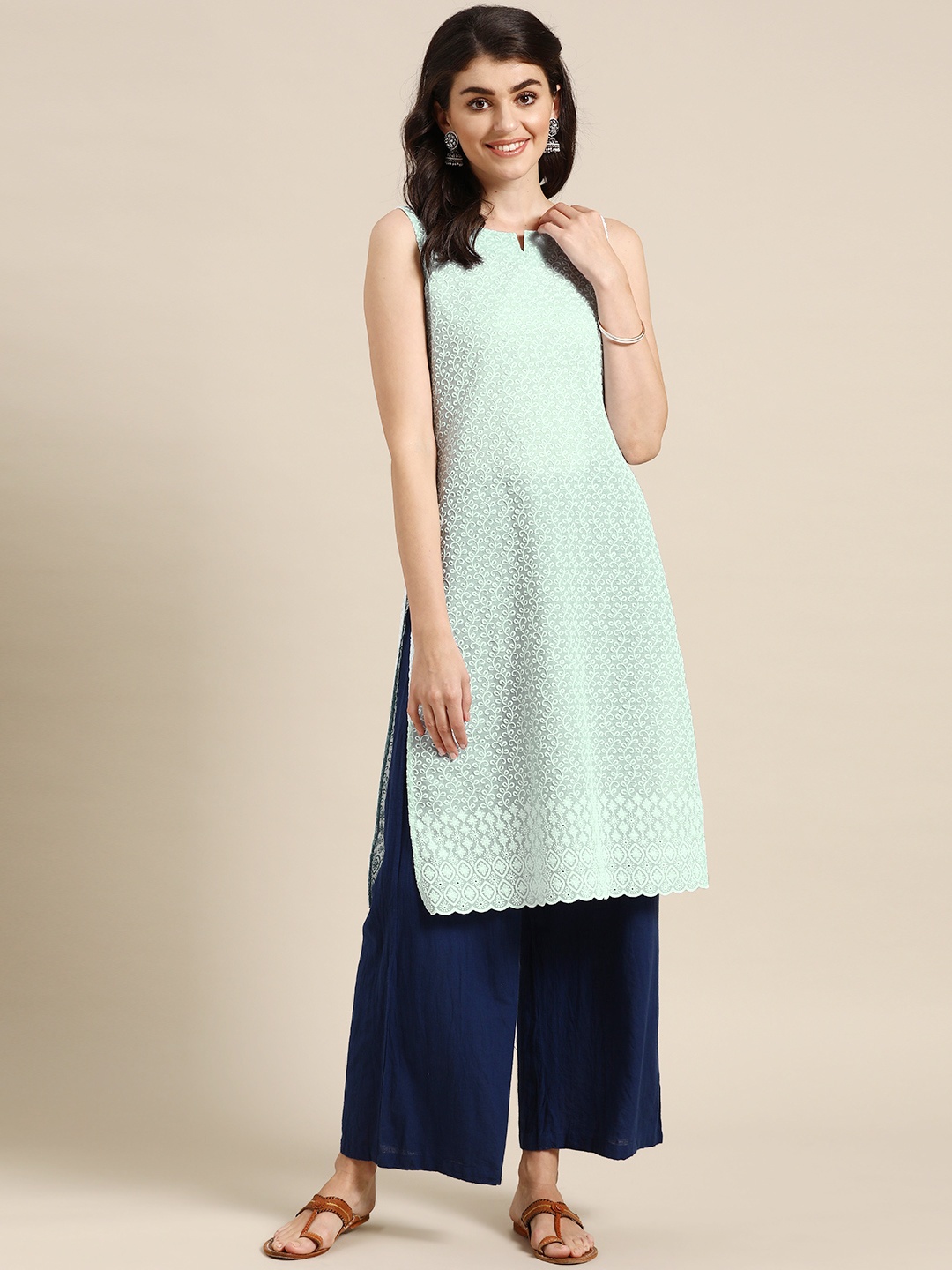 

Prakrti Women Sea Green Pure Cotton Ethnic Motifs Chikankari Embroidered Straight Kurta, Blue