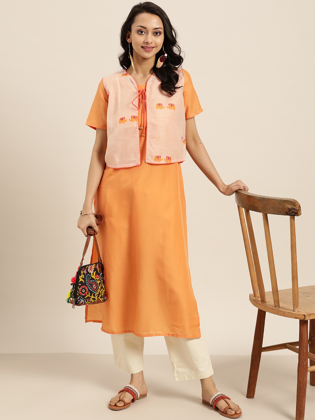 

Sangria Women Orange & Cream-Coloured Kurta with Ethnic Jacket